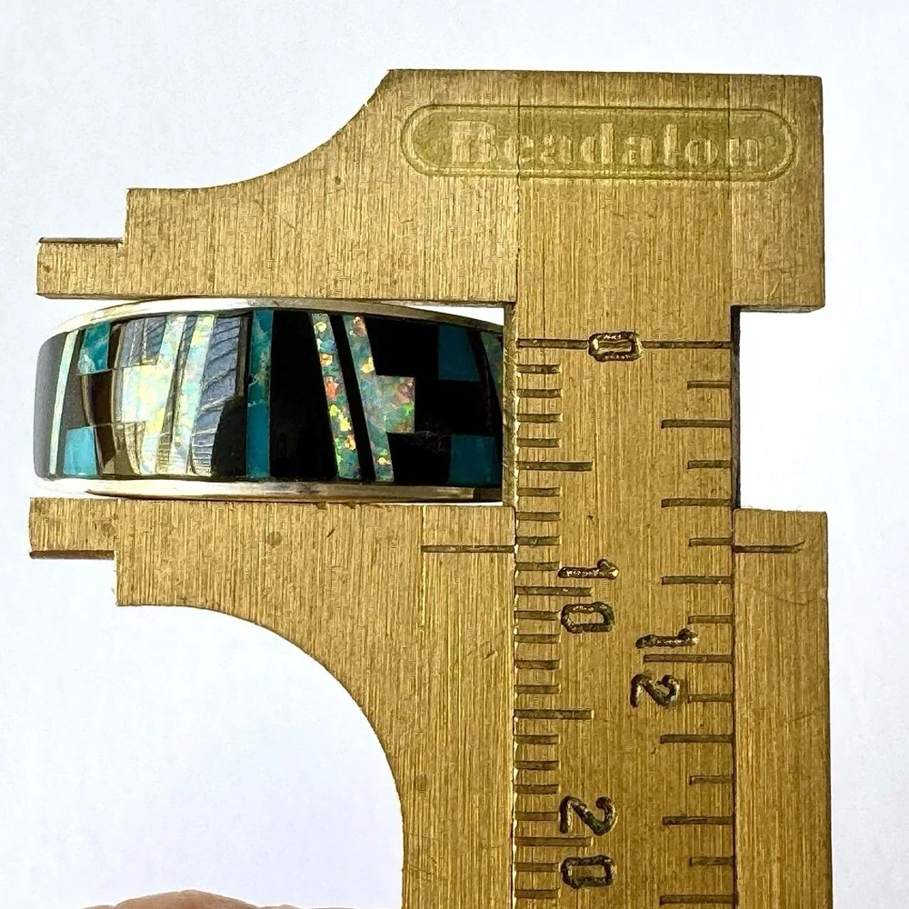 Navajo Inlay Wedding Band Mens Sz 12.5‎ Ring Turquoise Opal 9mm Signed AT
